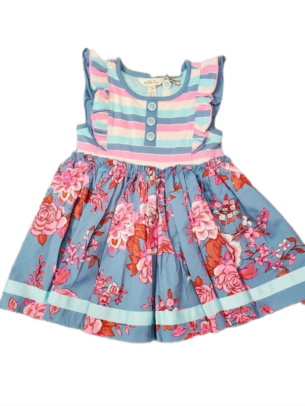 Matilda Jane Blue and Pink Floral Stripe Libby Dress 2 Nwt